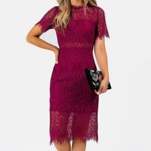 Romantic Raspberry/ Dark Purple Pink Lace Midi Dress in XXS